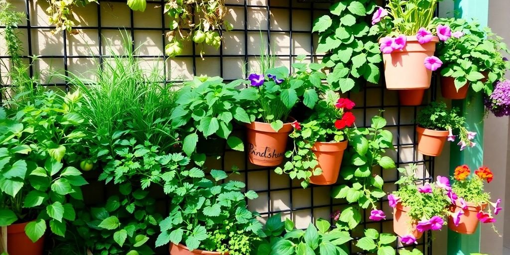 Vertical garden with colorful plants in limited space.