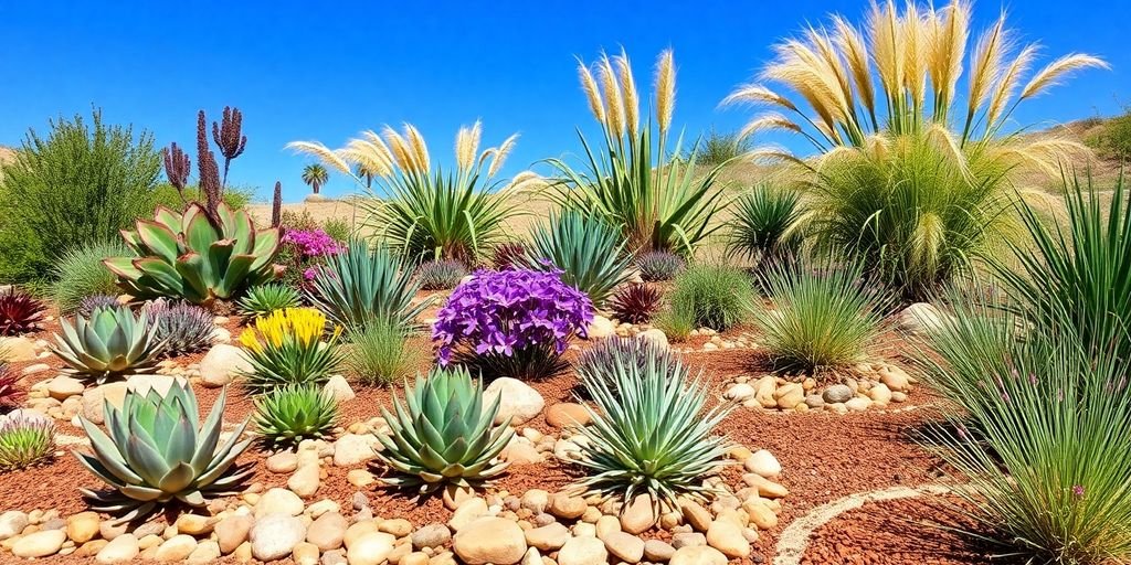 Colorful xeriscape garden with drought-tolerant plants.
