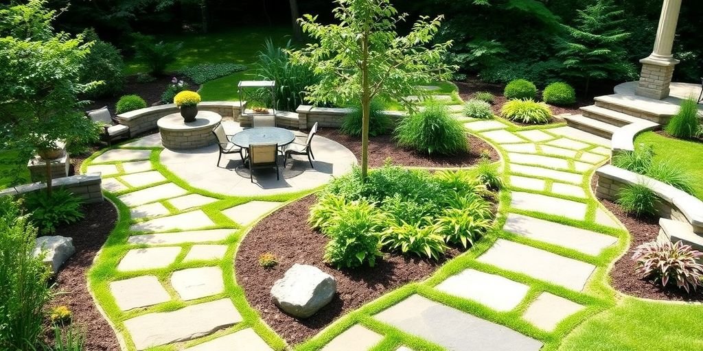 Outdoor room with stone pathways and lush plant borders.